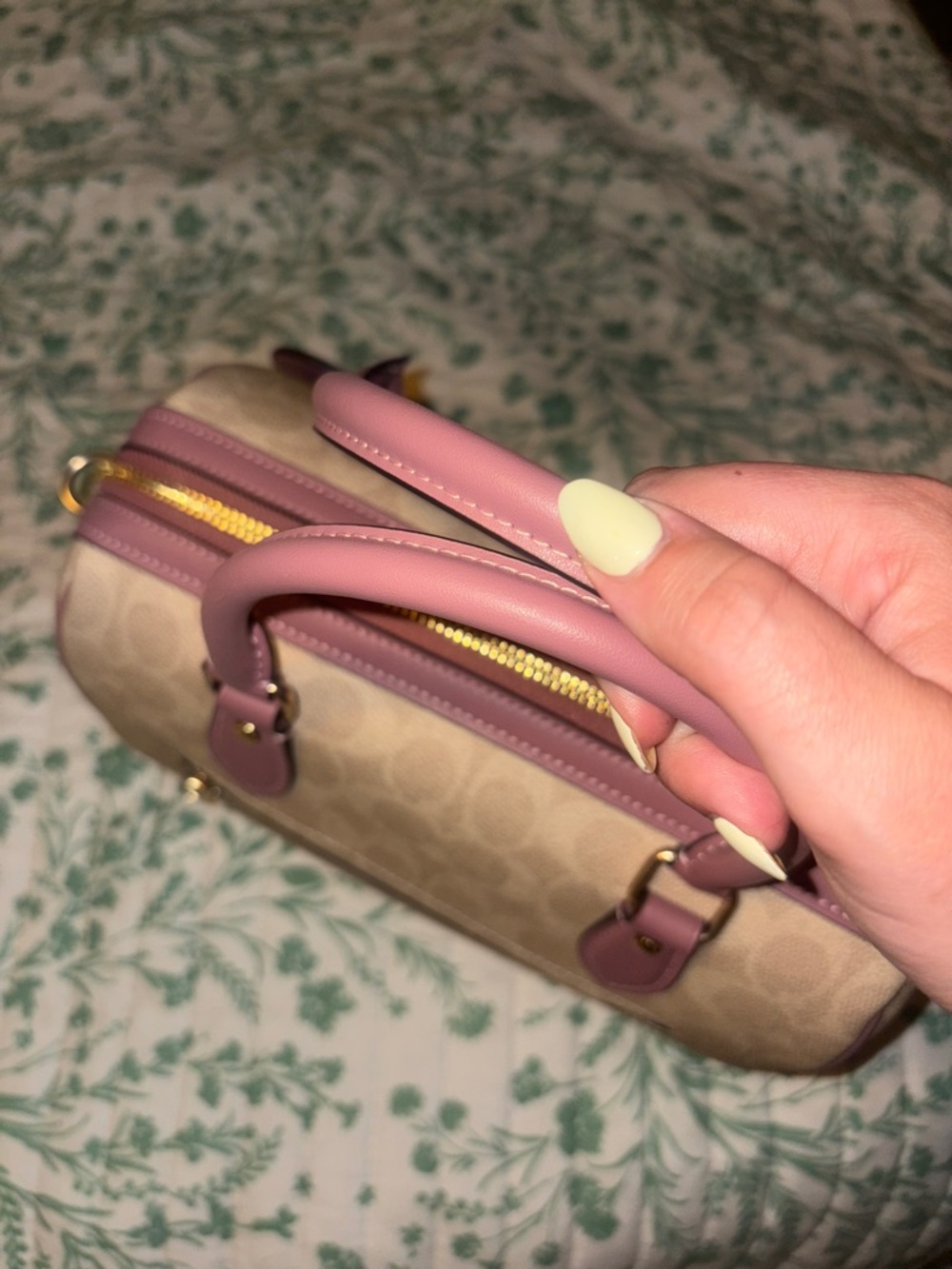 Coach Beige Canvas Rowan Medium with Pink Trim and Heart Charm - Picture 3 of 4